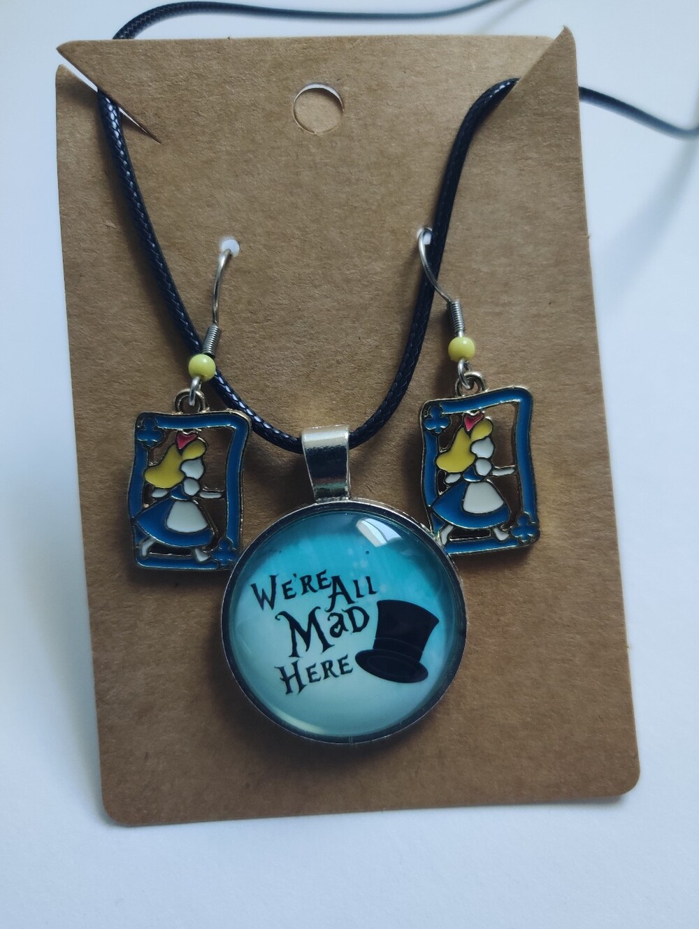 Alice-Inspired Blue 'We're All Mad Here' Handmade Necklace & Dangle Earring Set